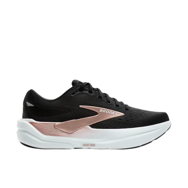 BROOKS Ghost Max 3 Wide in Black/Rose Gold: ideal for plantar fasciitis and wide fit running needs.