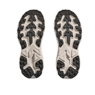 HOKA Women's Challenger 8 Stucco/Asphalt trail shoes with rugged textured outsoles shown from the bottom.