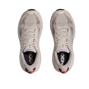 A pair of HOKA Women's Challenger 8 in Stucco/Asphalt with mesh uppers, black insoles, and red heel accents.