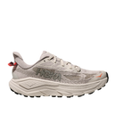 The HOKA Women's Challenger 8 in Stucco/Asphalt features a mesh upper, black sole, and red heel and toe accents.