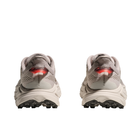 Rear view of HOKA Women's Challenger 8 Stucco/Asphalt trail shoes with chunky soles and red heel accents.