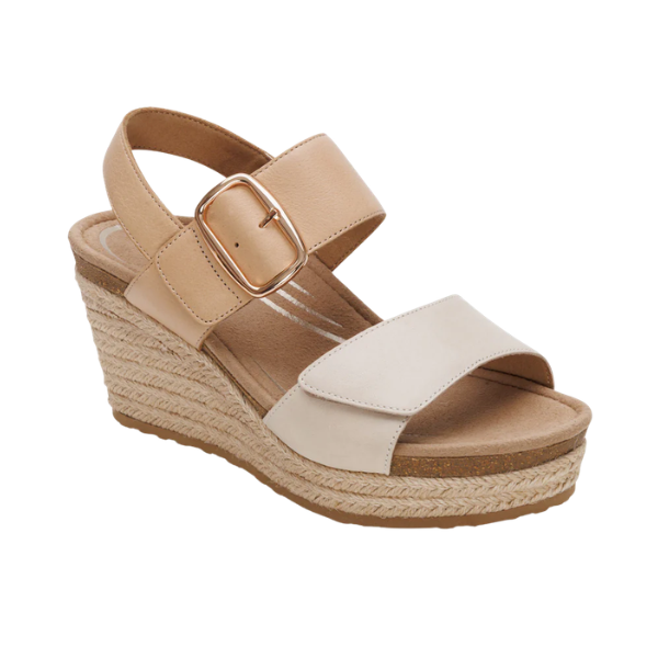 AETREX W Ashley offwhite wedges for women with ankle strap, gold buckle, rope sole, and arch support.