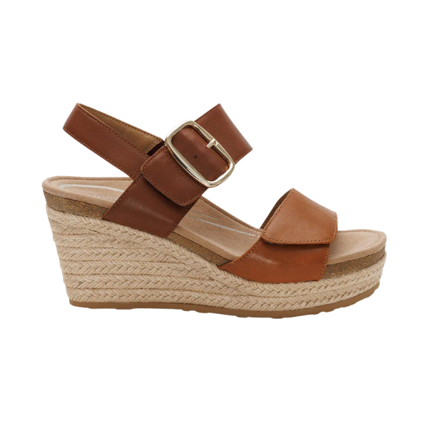 AETREX Aetrex Women's Ashley Coffee Multi: brown leather wedge sandal with ankle strap, gold buckle, and arch support.