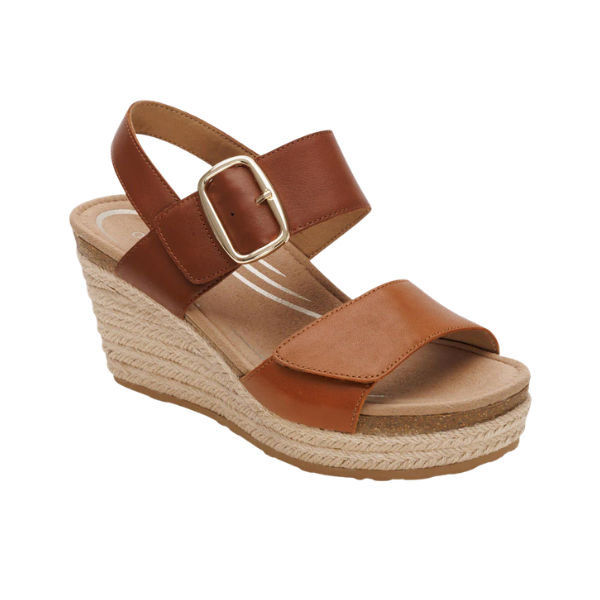 AETREX Women's Ashley Coffee Multi wedge sandal with arch support, ankle strap, and espadrille platform sole.