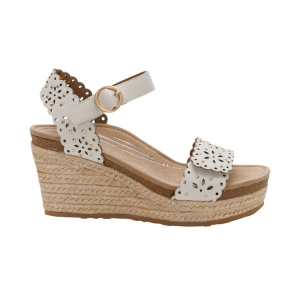 AETREX Aetrex Women's Ashley Ivory Cutout: white leather wedges with floral cutouts, ankle strap, and woven platform.