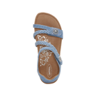 AETREX Women's Jillian Denim sandals feature a blue braided design, tan footbed, and silver accents for summer comfort.