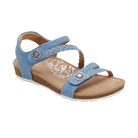 AETREX Women's Jillian Denim sandals feature braided straps, silver buttons, and a cushioned sole for summer comfort.