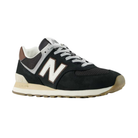 The NEW BALANCE Men's 574 Brown/Silver sneaker features black, white, gray, and brown accents with a beige sole.