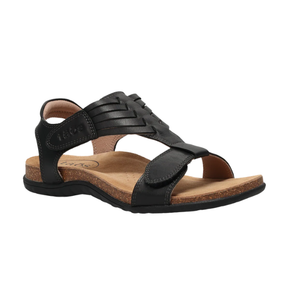 TAOS Taos Women's Wonderful Black sandal with Italian leather upper, woven straps, cushioned insole, and low cork sole.