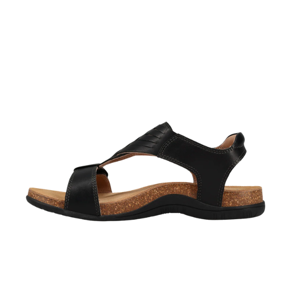 TAOS Taos Women's Wonderful Black open-toe sandal with cork-latex midsole, black straps, and low heel, side profile.