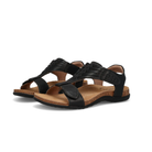 The TAOS Taos Women's Wonderful Black sandals feature open toes, ankle straps, and cushioned tan insoles.