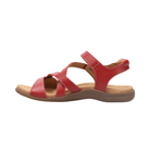 TAOS Big Time Red women's sandal with strappy design, SOFT SUPPORT footbed, and brown sole shown in side view.