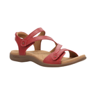 TAOS Taos Women's Big Time Red sandal with soft support footbed, low tan sole, adjustable straps, and visible stitching.