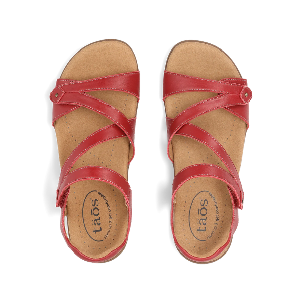 A pair of TAOS Women's Big Time Red sandals with SOFT SUPPORT footbed and tan insoles, viewed from above.