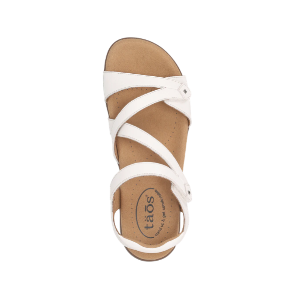 Top view of Taos Women's Big Time White sandals with SOFT SUPPORT footbed and TAOS branding on the insole.