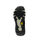 Brown/black New Balance Men's Hierro Trek hiking shoe sole with rugged tread and yellow logo, viewed from bottom.