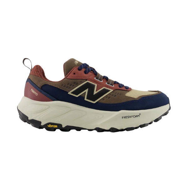 The New Balance Men's Hierro Trek in Brown/Black features a chunky sole, Vibram grip, and Fresh Foam X midsole.