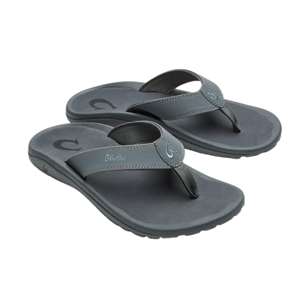 OLUKAI Men's Ohana Grey sandals with black soles and visible stitching, shown on a white background.