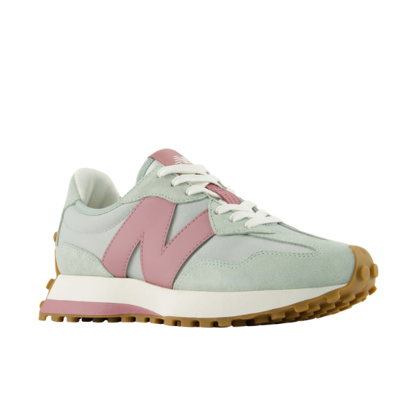 New Balance Women's 327 Green/Rose sneakers with a pink N, white laces, and gum sole on a white background.