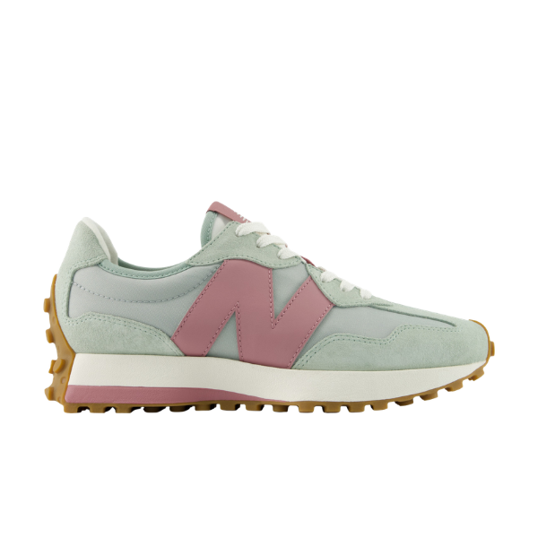 The NEW BALANCE Women's 327 Green/Rose features a pastel green upper, pink N logo, white laces, and tan sole.