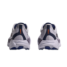 A pair of gray HOKA W Arahi 8 Starlight Glow/Blue shoes viewed from the back, featuring blue soles.