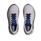 A pair of HOKA W Arahi 8 Starlight Glow/blue stability shoes with navy laces, viewed from above on white.