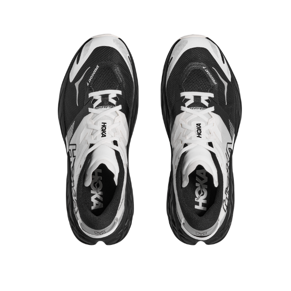Top view of HOKA Men's Black/White Speedgoat 7 Wide trail running shoes on a white background.