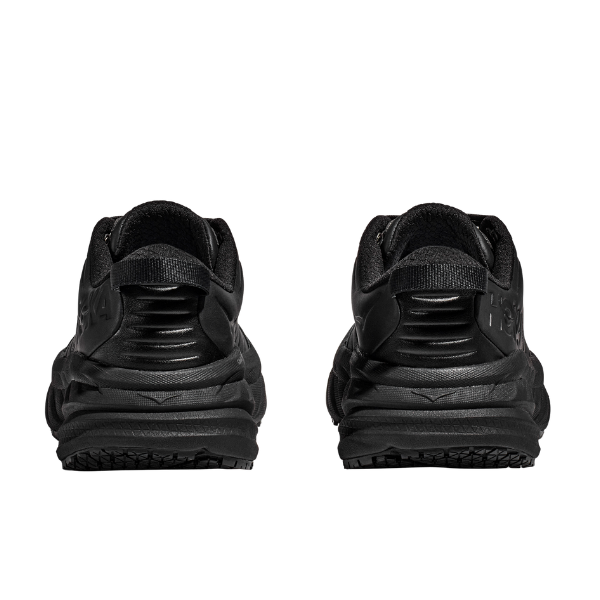 Back view of HOKA Men's Bondi SR Black/Black shoes with slip-resistant textured soles and heel pull tabs.