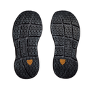 The HOKA Women's Bondi SR Black/Black shoes have slip-resistant soles with textured grips and a yellow shield logo.