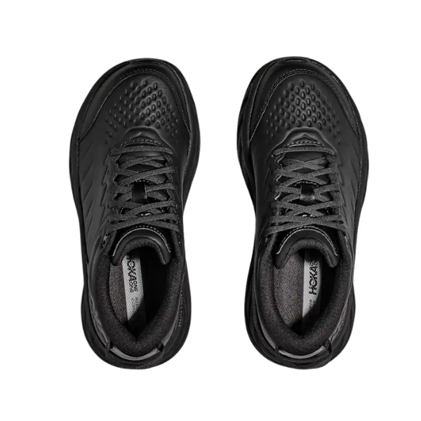 Top view of HOKA Men's Bondi SR Black/Black cushioned work shoes on a white background.