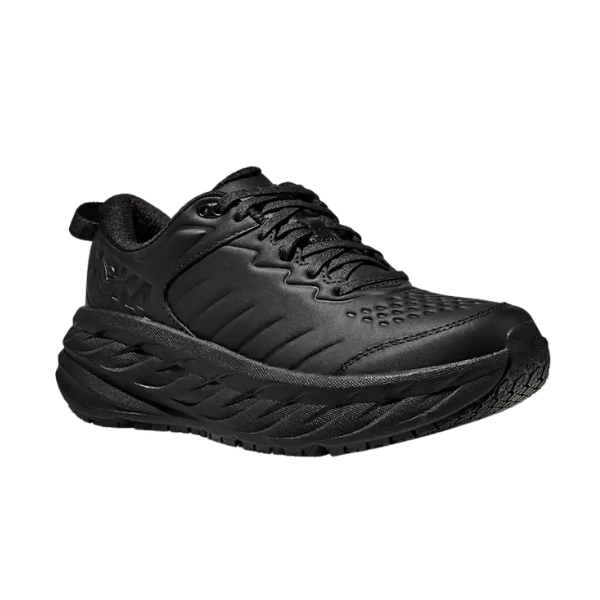 The HOKA Women's Bondi SR Black/Black features a thick, slip-resistant sole and textured upper, shown on white.