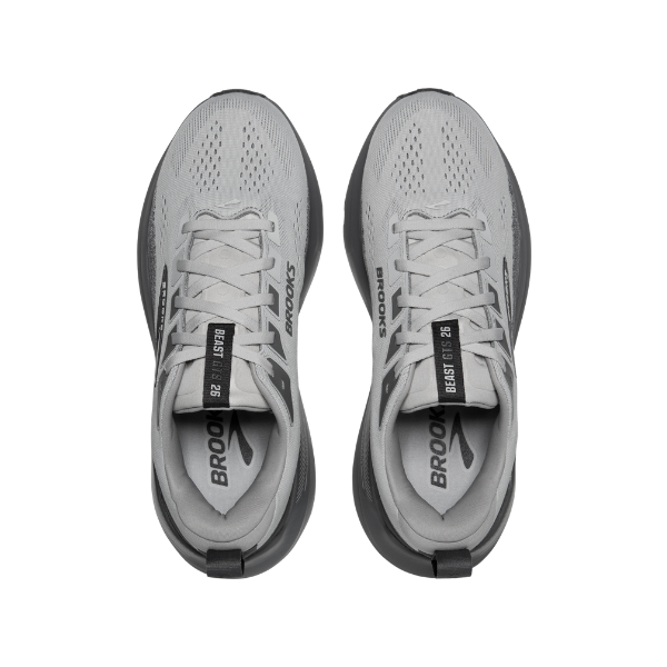 Brooks Men's Beast GTS 26 Grey/Blk/Pearl stability running shoes with GuideRails and mesh texture, top view.