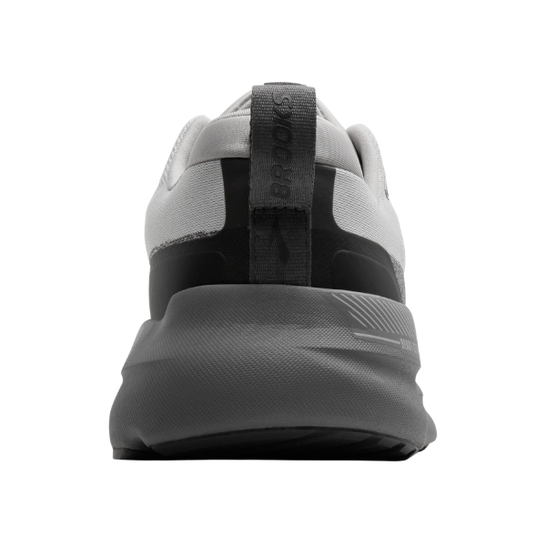 Rear view of BROOKS Men's Beast GTS 26 Grey/Blk/Pearl running shoe with pull tab and textured sole on white.