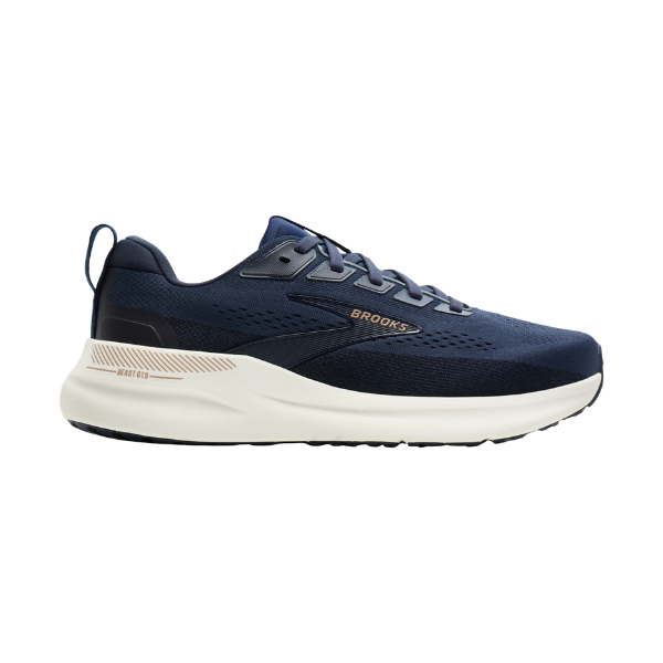 Men’s Brooks Beast GTS 26 in peacoat/indigo with white sole, mesh upper, lace-up, side profile view.