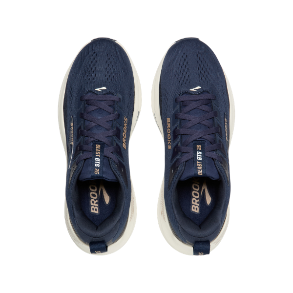 A pair of BROOKS 110455-422 M Beast GTS 26 Peacoat/Indigo men's stability shoes with white soles, top view.