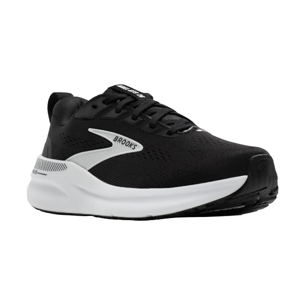 BROOKS Women's Ariel GTS 26 Wide in Black/Grey/White shown angled on a white background with a white sole and logo.