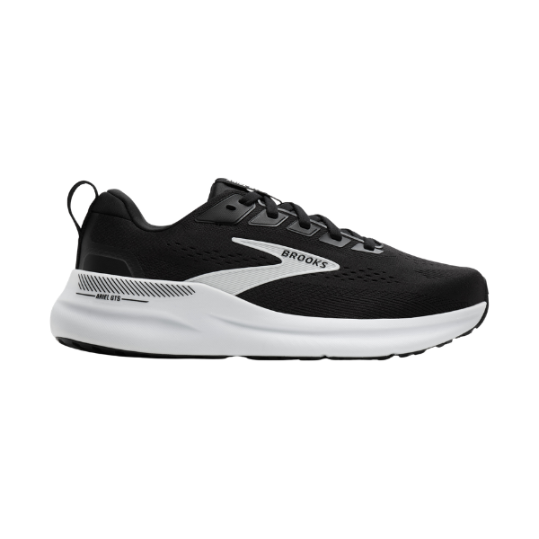 The Brooks Women's Ariel GTS 26 Wide in Black/Grey/White is shown from the side on a white background.