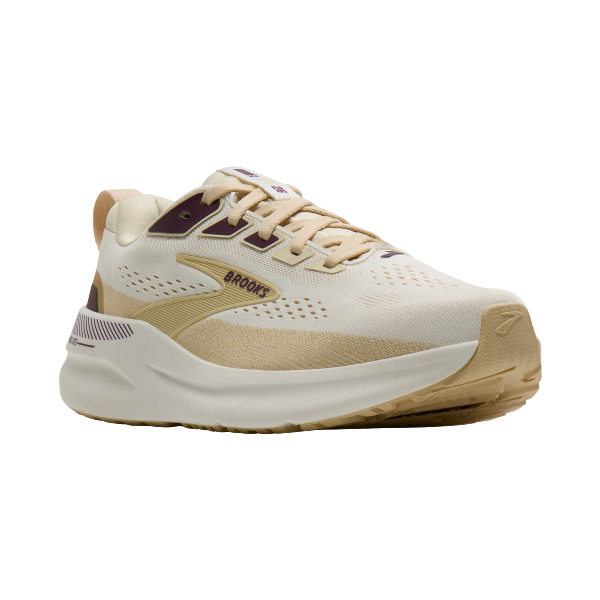 The Brooks Women's Ariel GTS 26 in Coconut/White is a beige stability shoe with a white sole and tan accents, side view.