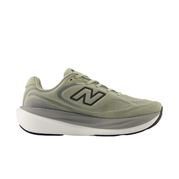 NEW BALANCE M10804ef running shoe in olive/black with mesh upper, thick white sole, and enhanced cushioning, side view.