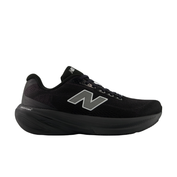 New Balance Men's 860V15 Black/Black stability running shoe with mesh upper, silver logo, and cushioned sole, side view.