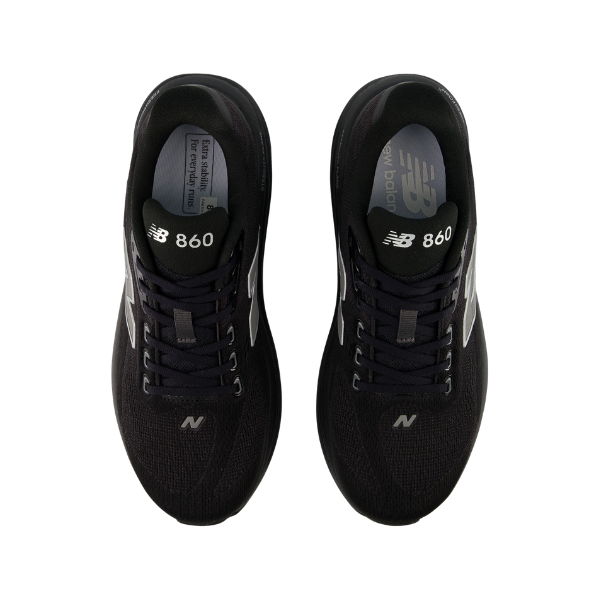 Top view of New Balance Men's 860V15 Black/Black stability running shoes with white logos and laces.