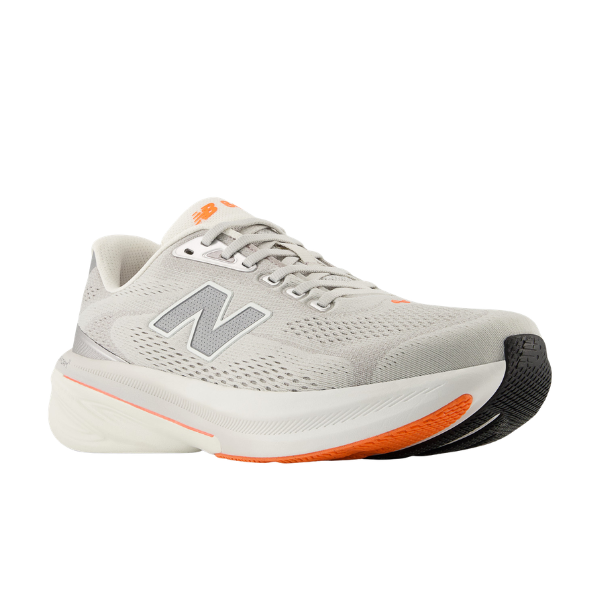 New Balance Men's 860V15 Grey/White features a mesh upper, orange accents, and Fresh Foam X cushioned sole.