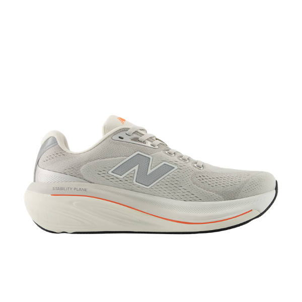 New Balance Men's 860V15 Grey/White: Stability running shoe with mesh upper, silver N, and orange-accented chunky sole.