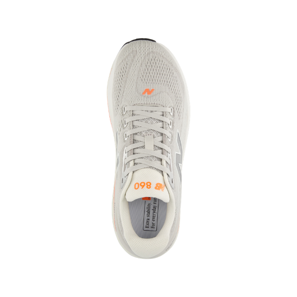 Top view of New Balance Men's 860V15 Grey/White with mesh upper, Fresh Foam X, and orange accents.