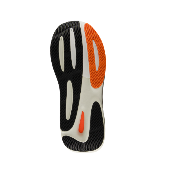 The New Balance Men's 860V15 Grey/White has a sole with black, white, and orange grip patterns for stability.