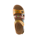 Top view of SPRING STEP Women's Sumacah Camel Multi sandals with floral designs and colorful yellow, green, and brown straps.