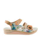 SPRING STEP SpringStep Women's Sumacah Beige Multi sandal features adjustable straps, floral pattern, and decorative stitching.