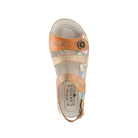Top view of SPRING STEP SpringStep Women's Sumacah Beige Multi sandals with orange straps and a floral pattern.