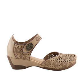 SPRING STEP Americana Beige Multi women's wedge sandal with cutout floral patterns and a flower buckle on the ankle strap.