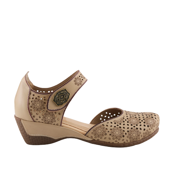 SPRING STEP Americana Beige Multi women's wedge sandal with cutout floral patterns and a flower buckle on the ankle strap.